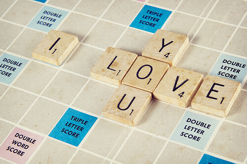 Scrabble pieces that spell "I love you"
