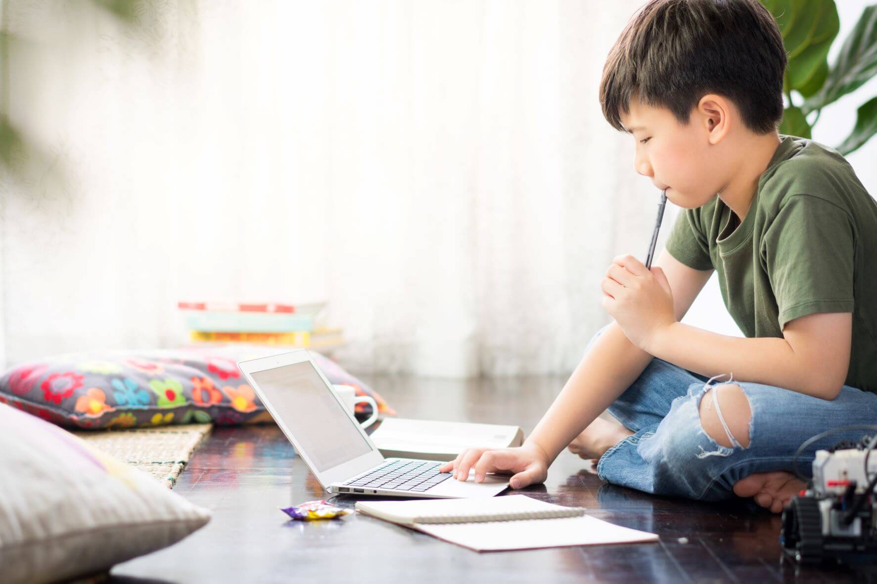 young boy studies