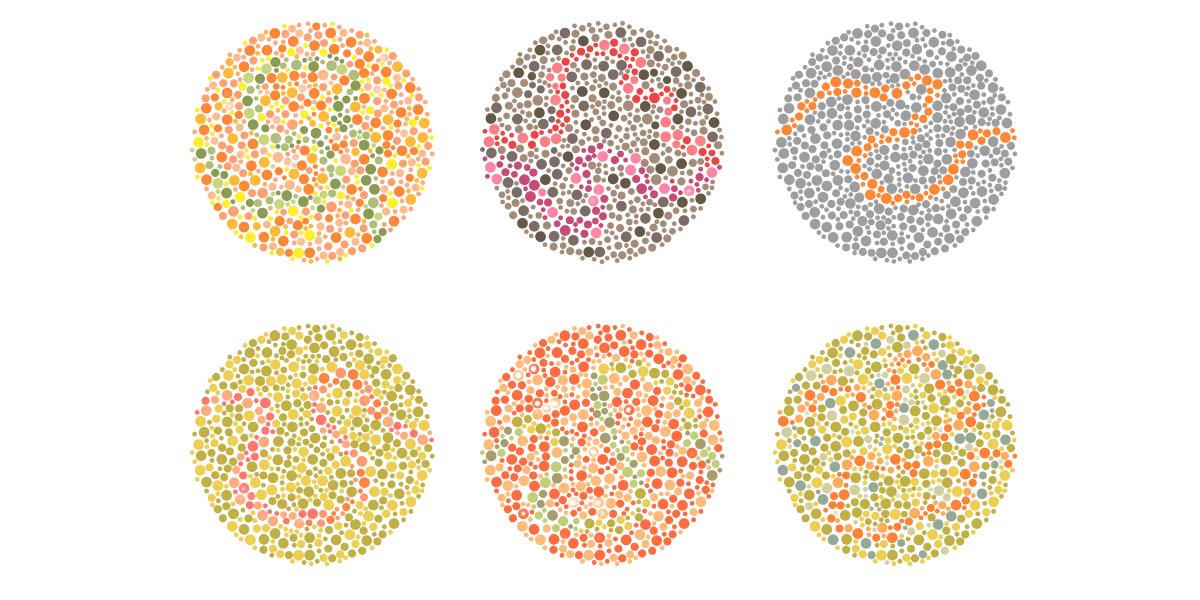 Collection of Ishihara colour blindness test plates with hidden patterns used by eye care professionals to diagnose different colour vision deficiencies