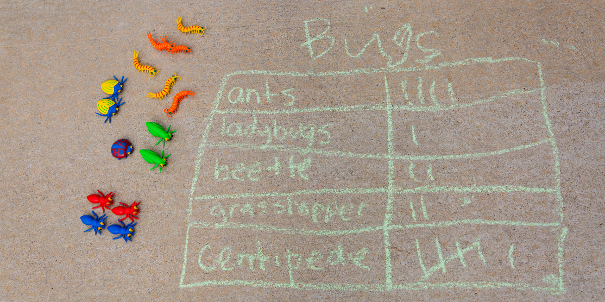 Colorful sidewalk chalk math chart with toy insects for counting and sorting, helping children practice math skills outdoors during summer break.