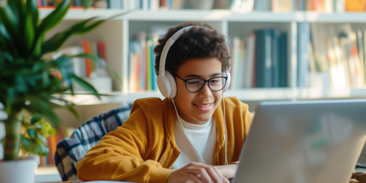 Happy young student wearing headphones while working on laptop in bright home library setting, demonstrating music's role in concentration and academic success