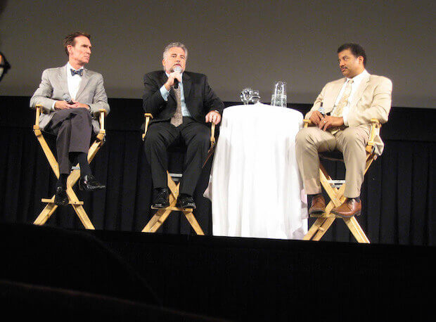 featured image for article on teaching kids about modern day scientists - Bill Nye and Neil deGrasse Tyson on a speaking panel