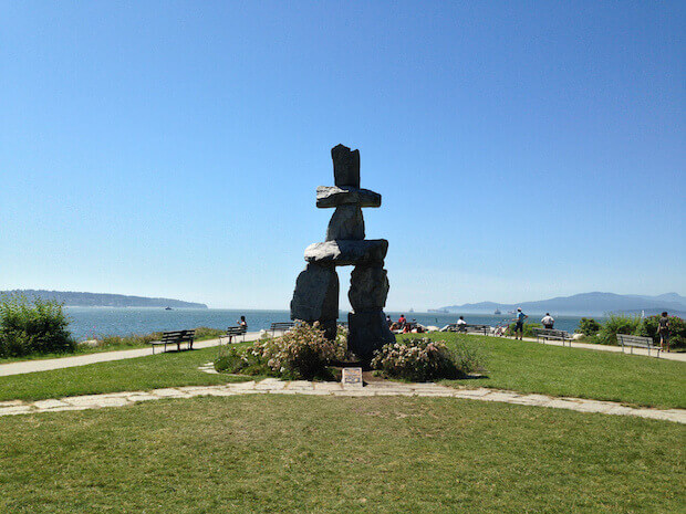 Vancouver inukshuk on the beach - image used for article on teaching kids about public art and related lessons